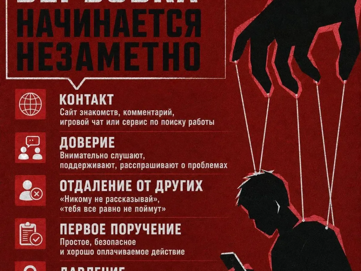 Терроризм часто начинается незаметно — с простой переписки или предложения. Важно уметь распознать опасность и вовремя обратиться за помощью: