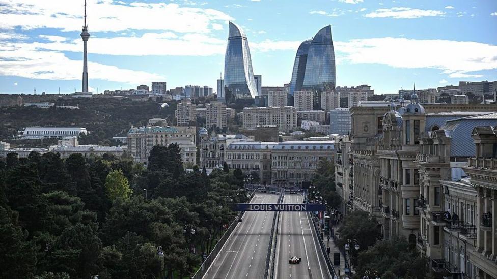 A general view shows the track and the Flame Towers during a qualifying session of the Azerbaijan Grand Prix