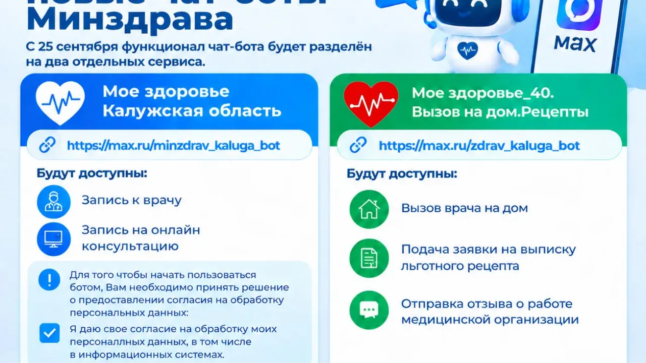 С 25 сентября в Калужской области чат-бот Минздрава разделят на два сервиса