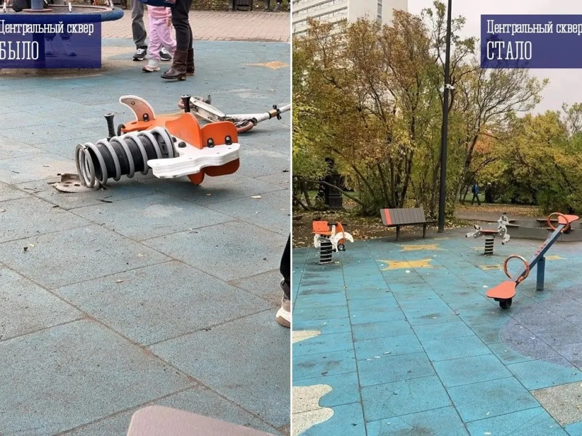 В Мурманске отремонтировали скамейки у Семеновского озера и качалку в сквере